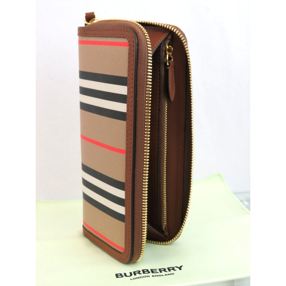BURBERRY ELLERBY TAN LEATHER ICON STRIPE CANVAS ZIP AROUND CONTINENTAL WALLET - Picture 3 of 13